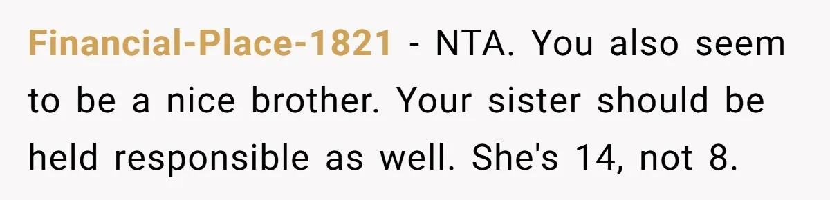 Financial-Place-1821 − NTA. You also seem to be a nice brother. Your sister should be held responsible as well. She's 14, not 8.