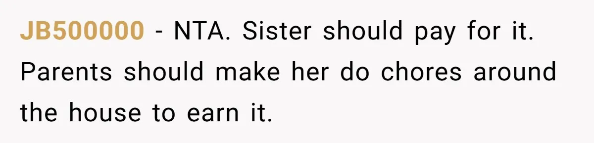 JB500000 − NTA. Sister should pay for it. Parents should make her do chores around the house to earn it.