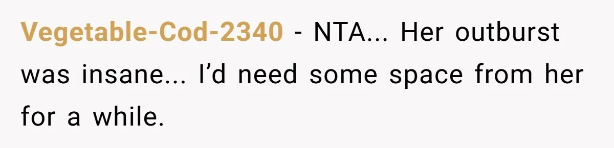 Vegetable-Cod-2340 - NTA... Her outburst was insane... I’d need some space from her for a while.