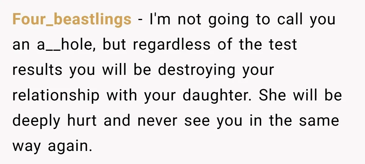 Four_beastlings − I'm not going to call you an a__hole, but regardless of the test results you will be destroying your relationship with your daughter. She will be deeply hurt...