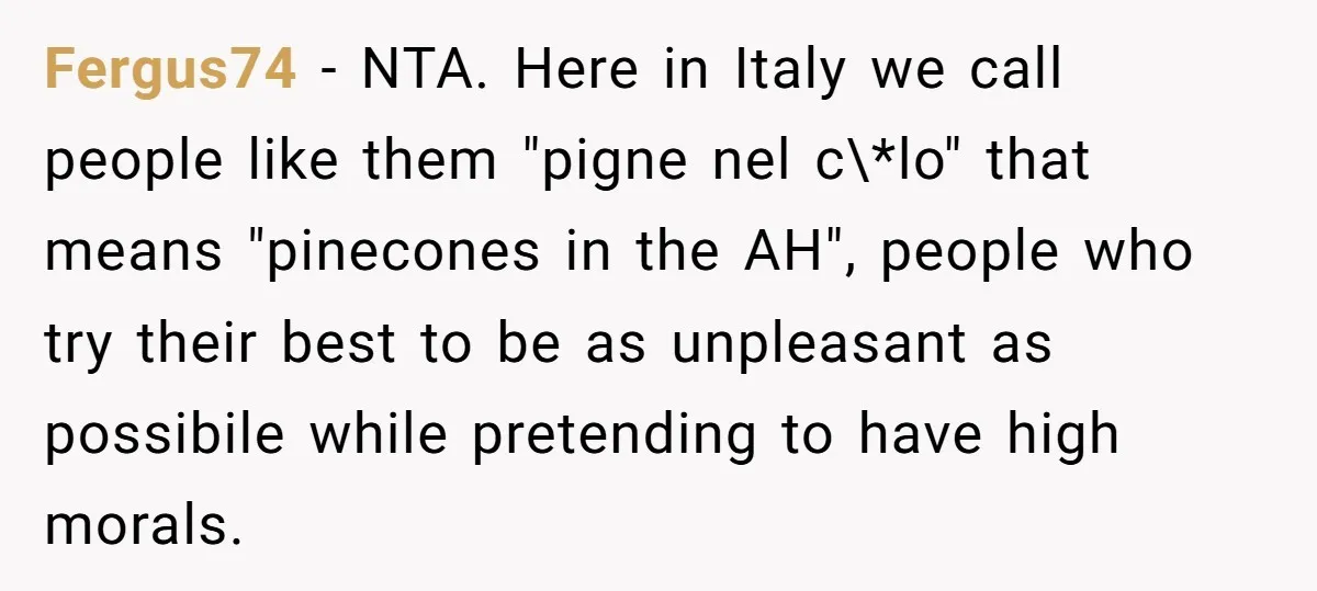 Fergus74 − NTA. Here in Italy we call people like them "pigne nel c\*lo" that means "pinecones in the AH", people who try their best to be as unpleasant as...