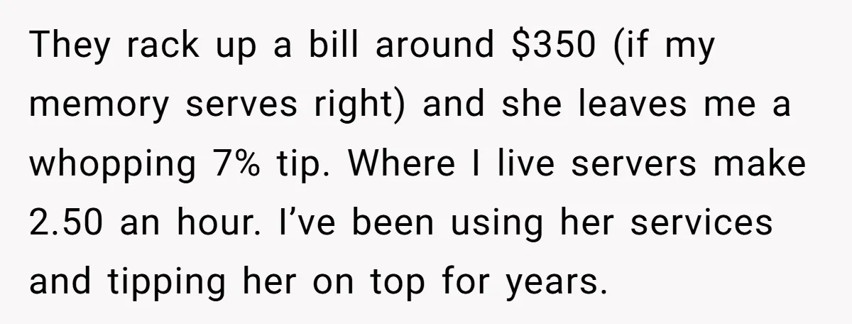 They rack up a bill around $350 (if my memory serves right) and she leaves me a whopping 7% tip. Where I live servers make 2.50 an hour. I’ve been...