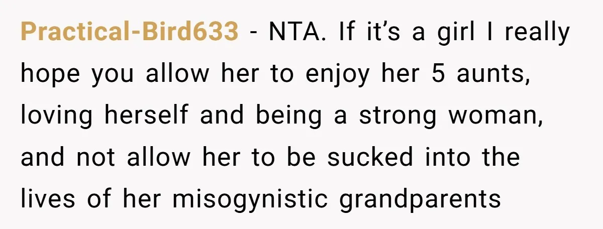 Practical-Bird633 − NTA. If it’s a girl I really hope you allow her to enjoy her 5 aunts, loving herself and being a strong woman, and not allow her to...