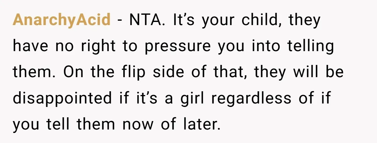 AnarchyAcid − NTA. It’s your child, they have no right to pressure you into telling them. On the flip side of that, they will be disappointed if it’s a girl...