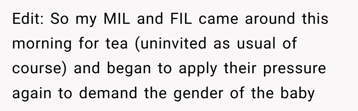 Edit: So my MIL and FIL came around this morning for tea (uninvited as usual of course) and began to apply their pressure again to demand the gender of the...