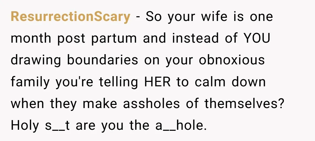 ResurrectionScary - So your wife is one month post partum and instead of YOU drawing boundaries on your obnoxious family you're telling HER to calm down when they make assholes...