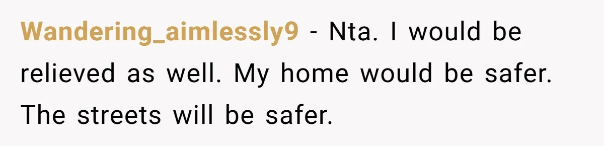 Wandering_aimlessly9 − Nta. I would be relieved as well. My home would be safer. The streets will be safer.