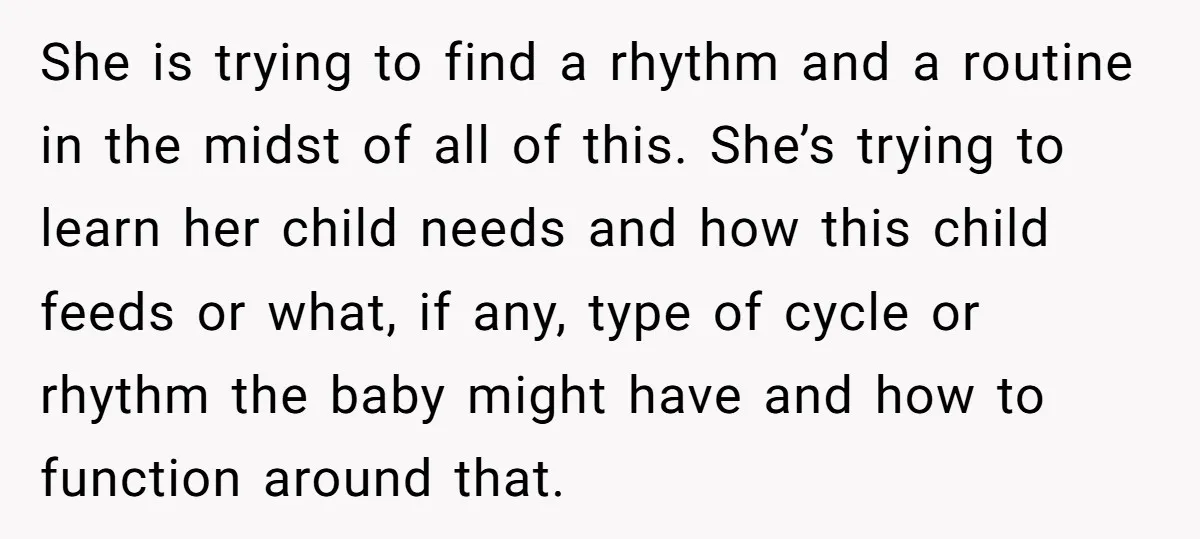 She is trying to find a rhythm and a routine in the midst of all of this. She’s trying to learn her child needs and how this child feeds or...
