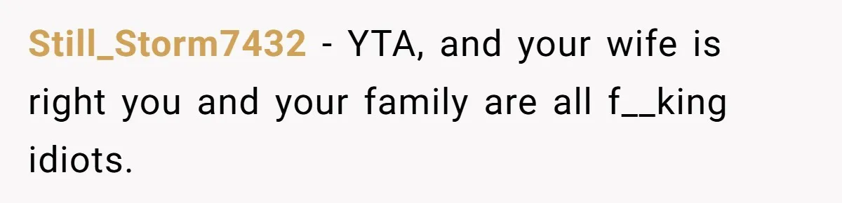 Still_Storm7432 - YTA, and your wife is right you and your family are all f__king idiots.