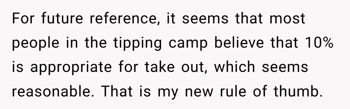 For future reference, it seems that most people in the tipping camp believe that 10% is appropriate for take out, which seems reasonable. That is my new rule of thumb.