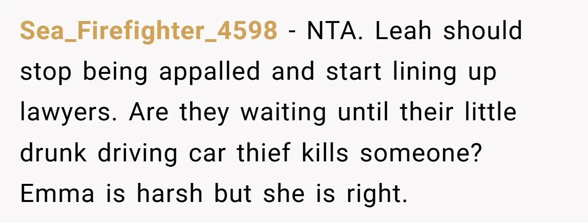 Sea_Firefighter_4598 − NTA. Leah should stop being appalled and start lining up lawyers. Are they waiting until their little drunk driving car thief kills someone? Emma is harsh but she...