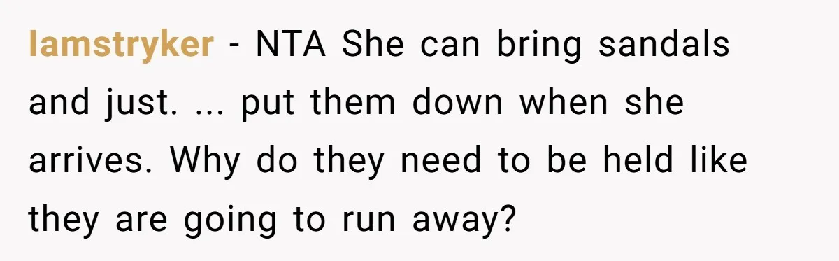 Iamstryker − NTA She can bring sandals and just. ... put them down when she arrives. Why do they need to be held like they are going to run away?