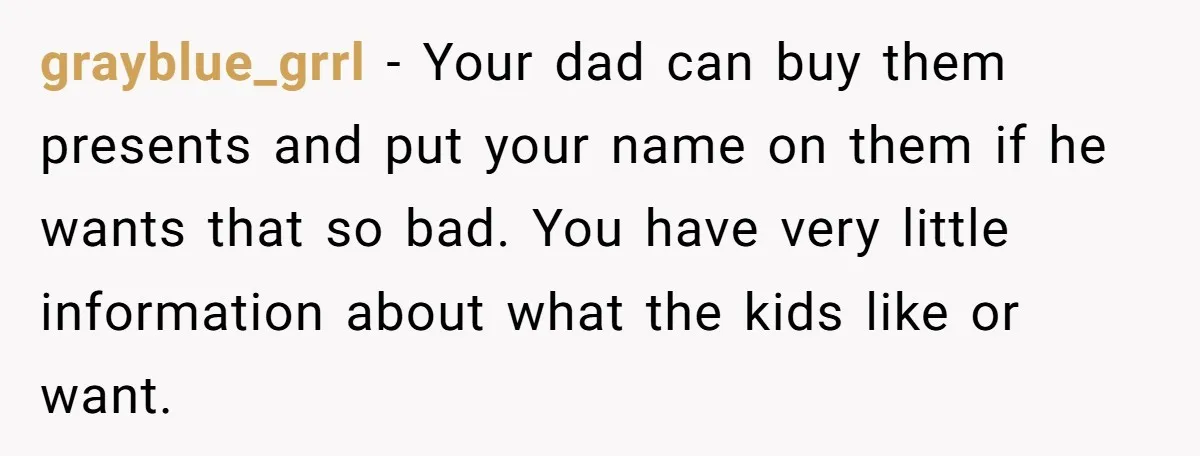 grayblue_grrl − Your dad can buy them presents and put your name on them if he wants that so bad. You have very little information about what the kids like...