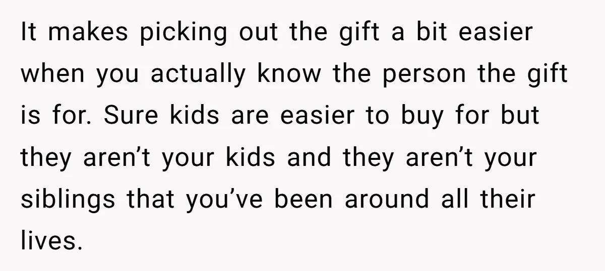 It makes picking out the gift a bit easier when you actually know the person the gift is for. Sure kids are easier to buy for but they aren’t your...