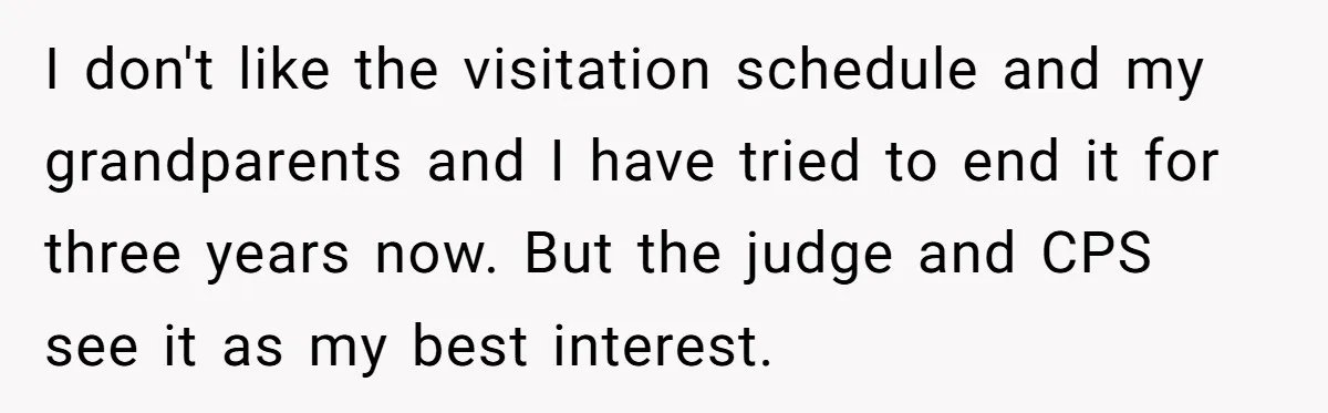 I don't like the visitation schedule and my grandparents and I have tried to end it for three years now. But the judge and CPS see it as my best...