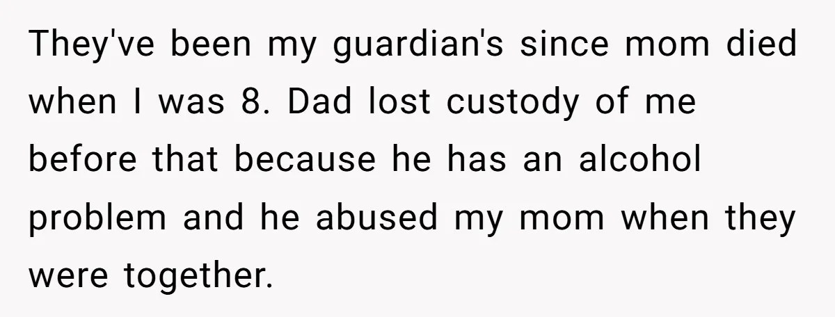 They've been my guardian's since mom died when I was 8. Dad lost custody of me before that because he has an alcohol problem and he abused my mom when...