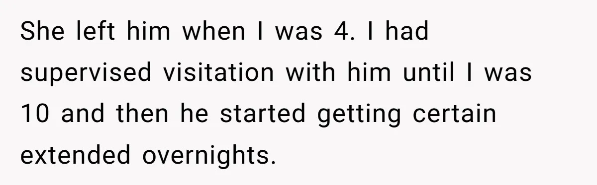 She left him when I was 4. I had supervised visitation with him until I was 10 and then he started getting certain extended overnights.