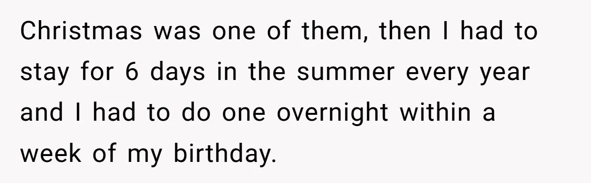 Christmas was one of them, then I had to stay for 6 days in the summer every year and I had to do one overnight within a week of my...