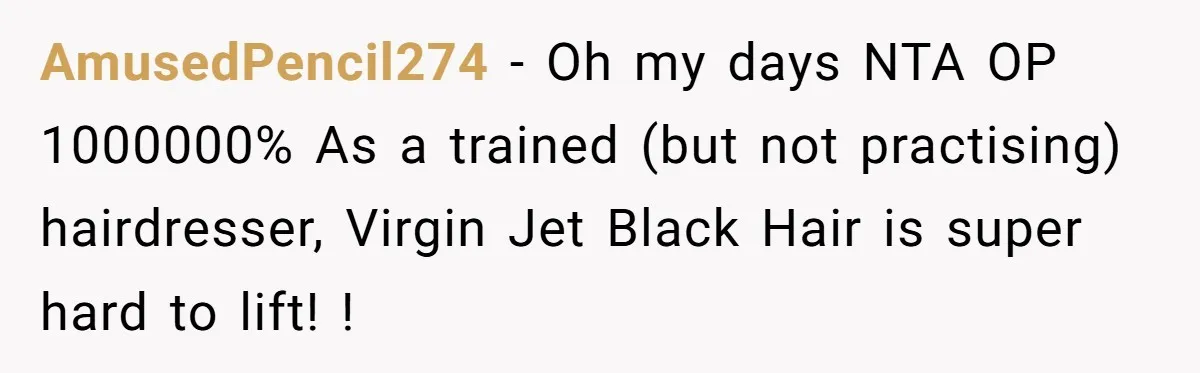 AmusedPencil274 − Oh my days NTA OP 1000000% As a trained (but not practising) hairdresser, Virgin Jet Black Hair is super hard to lift! !