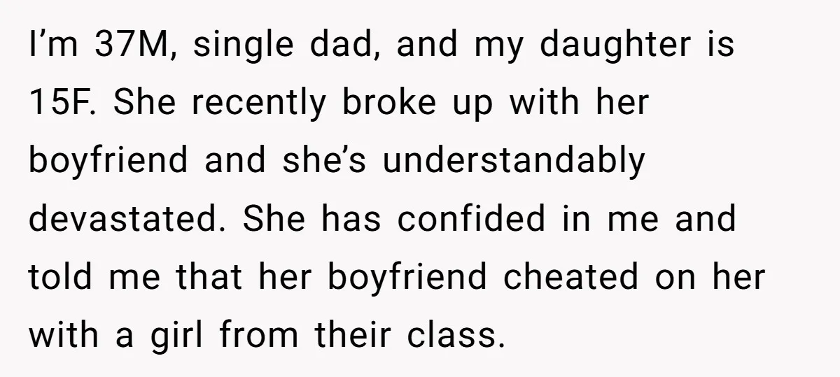 I’m 37M, single dad, and my daughter is 15F. She recently broke up with her boyfriend and she’s understandably devastated. She has confided in me and told me that her...