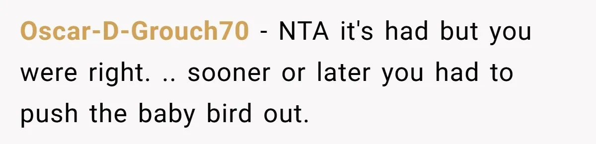 Oscar-D-Grouch70 − NTA it's had but you were right. .. sooner or later you had to push the baby bird out.