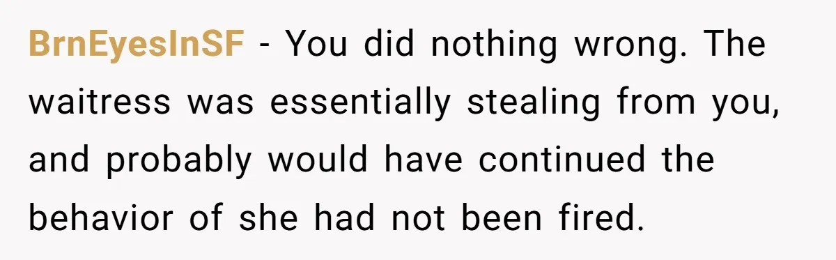 BrnEyesInSF − You did nothing wrong. The waitress was essentially stealing from you, and probably would have continued the behavior of she had not been fired.