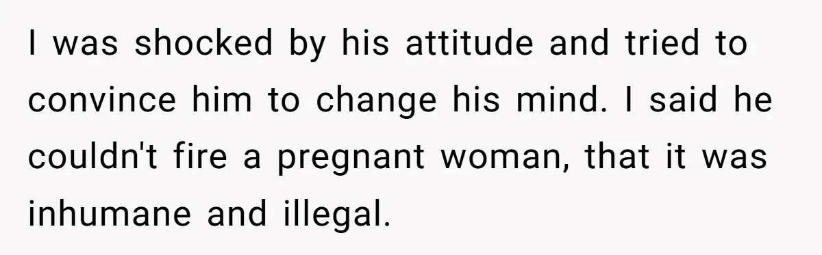 I was shocked by his attitude and tried to convince him to change his mind. I said he couldn't fire a pregnant woman, that it was inhumane and illegal.