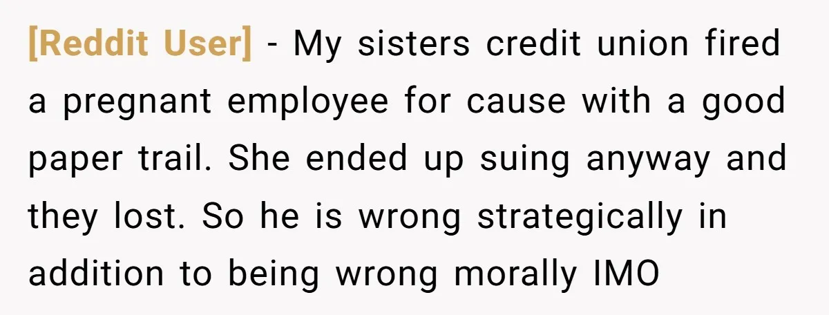 [Reddit User] − My sisters credit union fired a pregnant employee for cause with a good paper trail. She ended up suing anyway and they lost. So he is wrong...