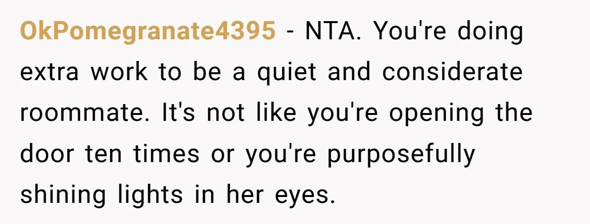 OkPomegranate4395 − NTA. You're doing extra work to be a quiet and considerate roommate. It's not like you're opening the door ten times or you're purposefully shining lights in her...