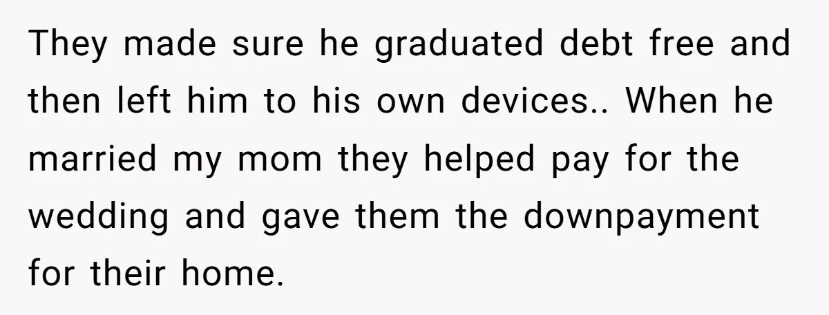 They made sure he graduated debt free and then left him to his own devices.. When he married my mom they helped pay for the wedding and gave them the...