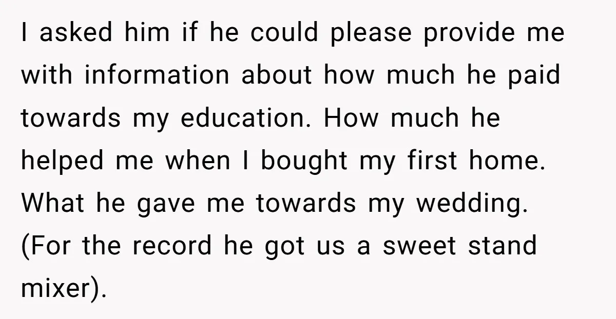 I asked him if he could please provide me with information about how much he paid towards my education. How much he helped me when I bought my first home....