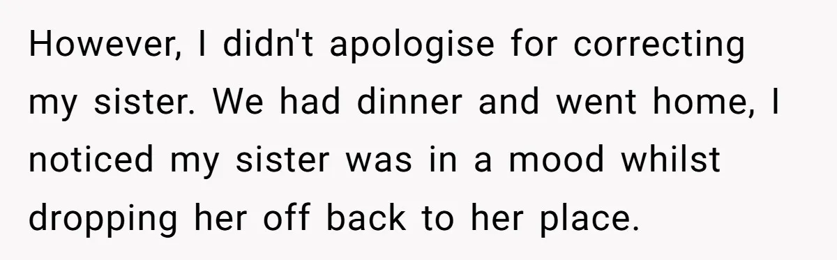 However, I didn't apologise for correcting my sister. We had dinner and went home, I noticed my sister was in a mood whilst dropping her off back to her place.