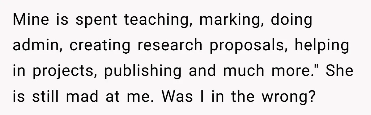 Mine is spent teaching, marking, doing admin, creating research proposals, helping in projects, publishing and much more." She is still mad at me. Was I in the wrong?