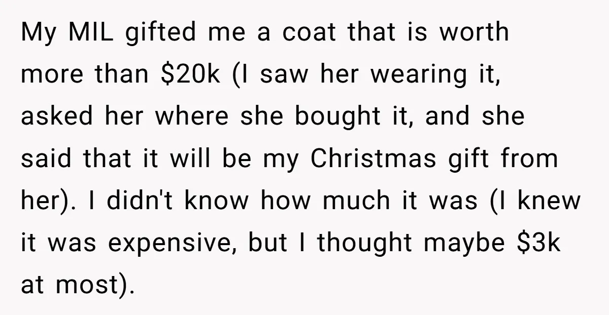 My MIL gifted me a coat that is worth more than $20k (I saw her wearing it, asked her where she bought it, and she said that it will be...