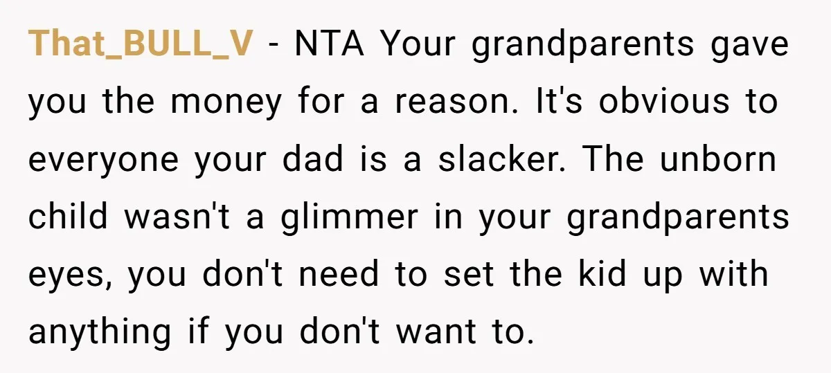 That_BULL_V − NTA Your grandparents gave you the money for a reason. It's obvious to everyone your dad is a slacker. The unborn child wasn't a glimmer in your grandparents...