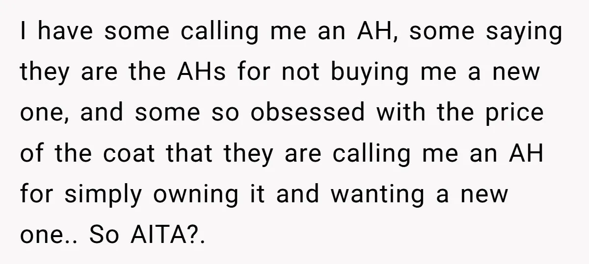 I have some calling me an AH, some saying they are the AHs for not buying me a new one, and some so obsessed with the price of the coat...