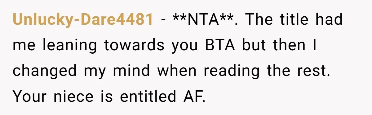 Unlucky-Dare4481 − **NTA**. The title had me leaning towards you BTA but then I changed my mind when reading the rest. Your niece is entitled AF.