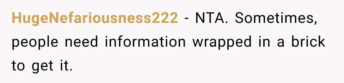 HugeNefariousness222 - NTA. Sometimes, people need information wrapped in a brick to get it.