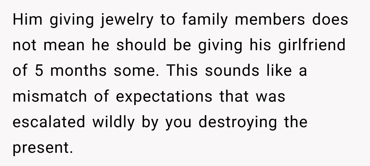 Him giving jewelry to family members does not mean he should be giving his girlfriend of 5 months some. This sounds like a mismatch of expectations that was escalated wildly...
