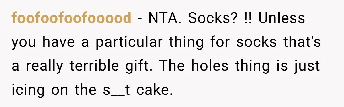 foofoofoofooood − NTA. Socks? !! Unless you have a particular thing for socks that's a really terrible gift. The holes thing is just icing on the s__t cake.