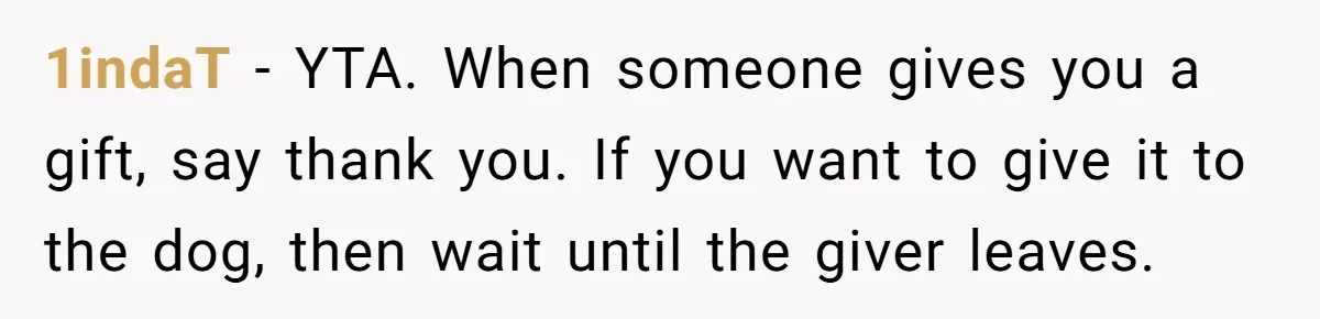 1indaT − YTA. When someone gives you a gift, say thank you. If you want to give it to the dog, then wait until the giver leaves.