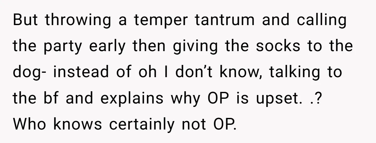 But throwing a temper tantrum and calling the party early then giving the socks to the dog- instead of oh I don’t know, talking to the bf and explains why...