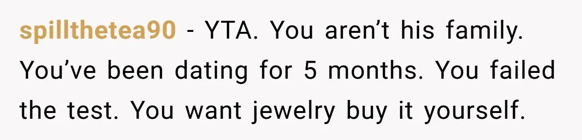 spillthetea90 − YTA. You aren’t his family. You’ve been dating for 5 months. You failed the test. You want jewelry buy it yourself.