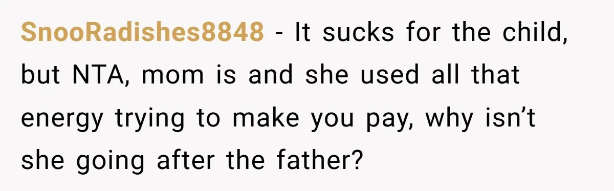 SnooRadishes8848 − It sucks for the child, but NTA, mom is and she used all that energy trying to make you pay, why isn’t she going after the father?