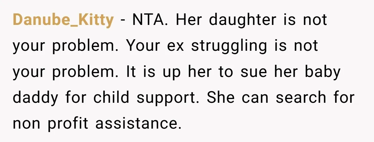 Danube_Kitty − NTA. Her daughter is not your problem. Your ex struggling is not your problem. It is up her to sue her baby daddy for child support. She can...