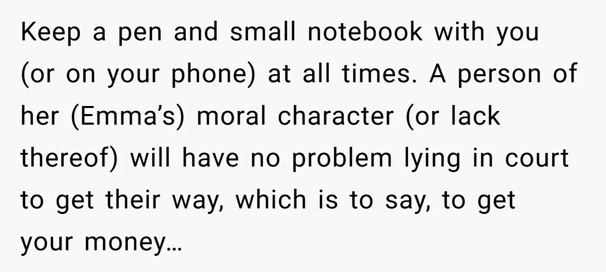 Keep a pen and small notebook with you (or on your phone) at all times. A person of her (Emma’s) moral character (or lack thereof) will have no problem lying...