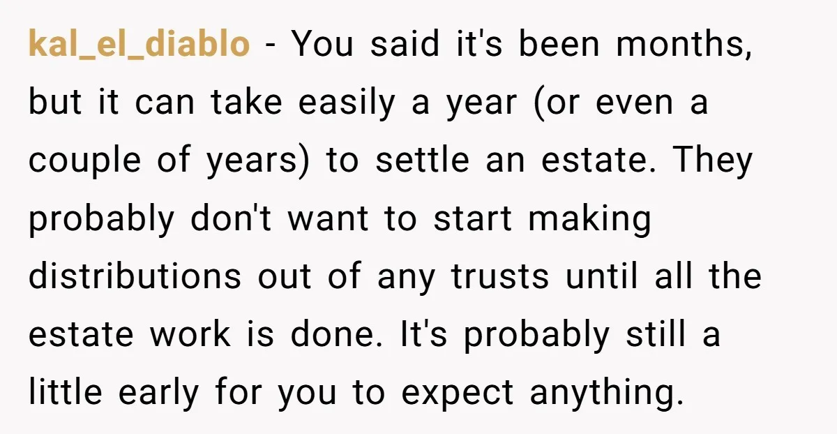 kal_el_diablo - You said it's been months, but it can take easily a year (or even a couple of years) to settle an estate. They probably don't want to start...