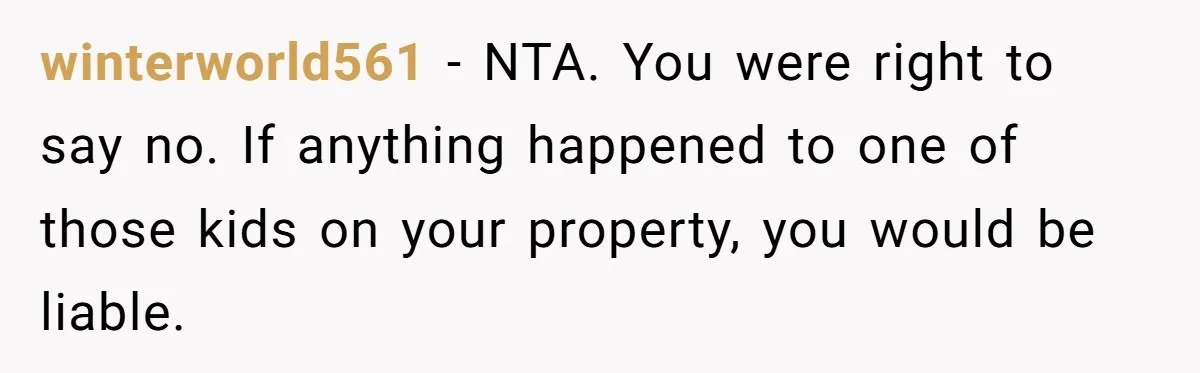 winterworld561 − NTA. You were right to say no. If anything happened to one of those kids on your property, you would be liable.