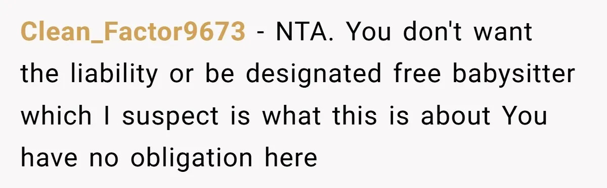 Clean_Factor9673 − NTA. You don't want the liability or be designated free babysitter which I suspect is what this is about You have no obligation here
