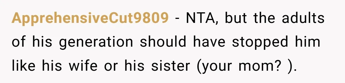 ApprehensiveCut9809 − NTA, but the adults of his generation should have stopped him like his wife or his sister (your mom? ).